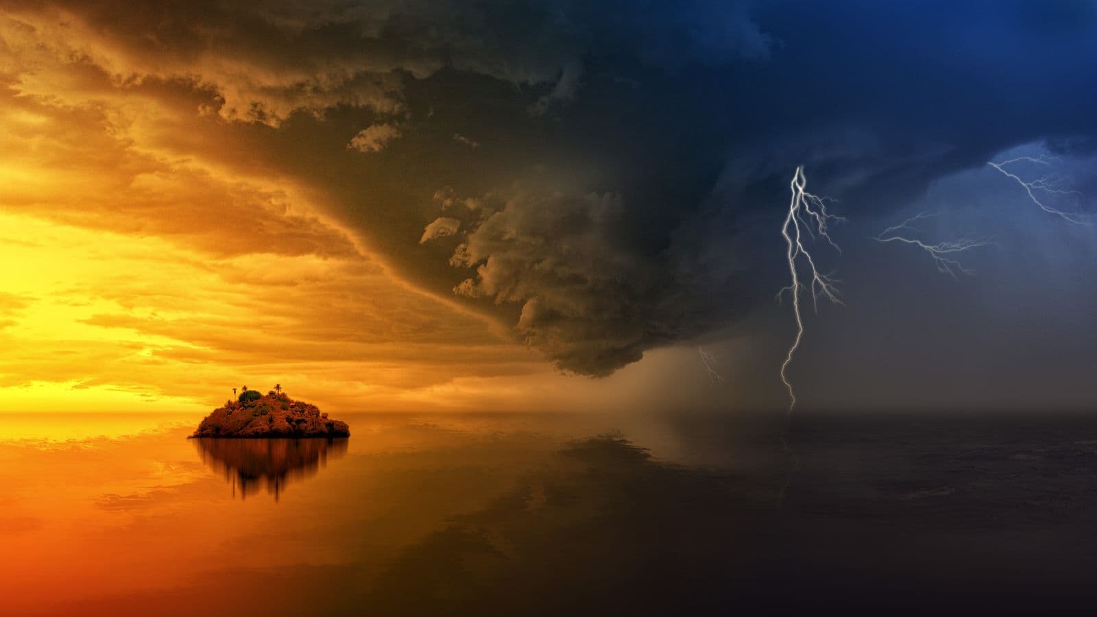 Storm clouds and lightning over a small island in still water